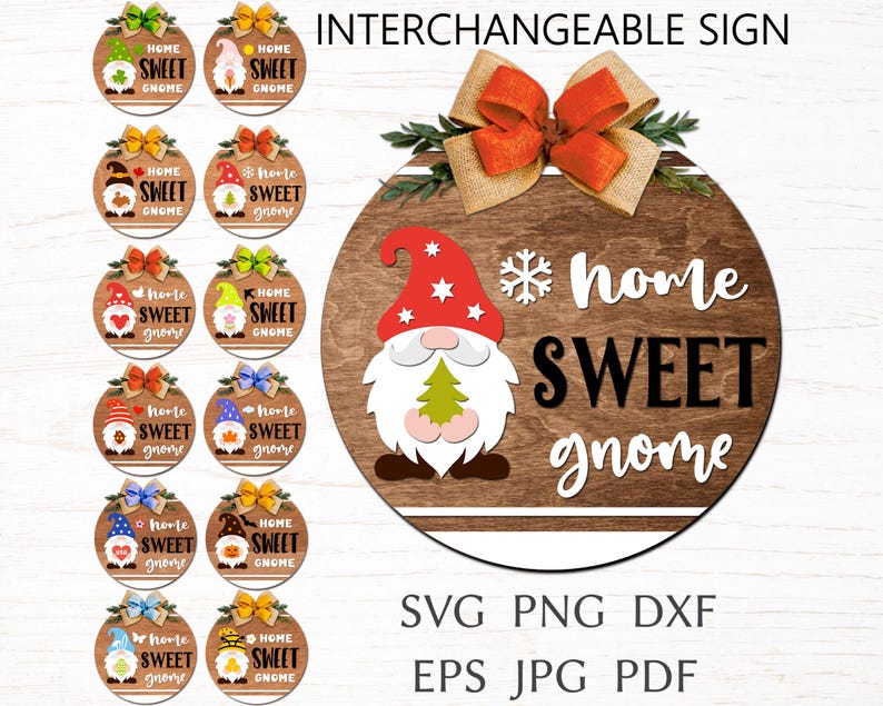 Round welcome sign for different holidays and seasons. Replaceable design with gnomes. Set of designs for wood cutting.