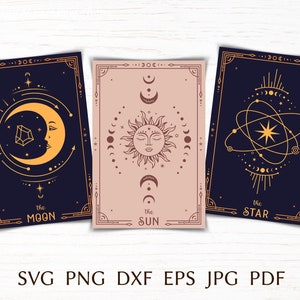 Carte de tarot svg coupe fichier pour cricut, cartes de sorcière magiques, svg céleste, conception d'affiche bohème, clipart png occulte, impression mystique