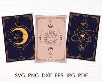 May include: Three printable cards with gold celestial designs on a blue and pink background. The cards feature the moon, sun, and star with the words "the moon", "the sun", and "the star" printed below each design.