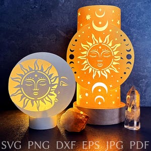 Modello SVG per lanterne di carta 3D, file SVG per tagliare lanterne con sole, luna e stelle per Cricut, design boho per lumini, lampada celeste con luna crescente.