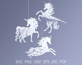 Flying unicorns template svg bundle, themed DIY paper decor, 3D ornament svg cut file for cutting.