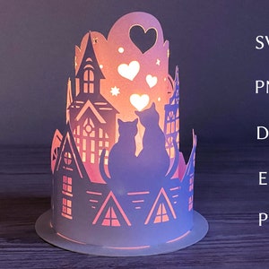 Modèle svg de lanterne de la Saint-Valentin, fichier découpé 3D pour cricut, lanterne en papier en couches avec des chats sur le toit, coeurs, lanterne chauffe-plat