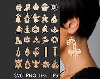 Christmas earrings svg cut file for cricut, faux leather earring svg template, laser cut template for brass or wood earrings, DIY jewelry.