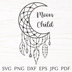 ドリームキャッチャー SVG、ボヘミアン SVG、クリカット用ムーンチャイルド SVG カット ファイル、シャツ用トライバル プリント、エスニック インディアン PNG、EPS、DXF、PDF、ネイティブ アメリカン。