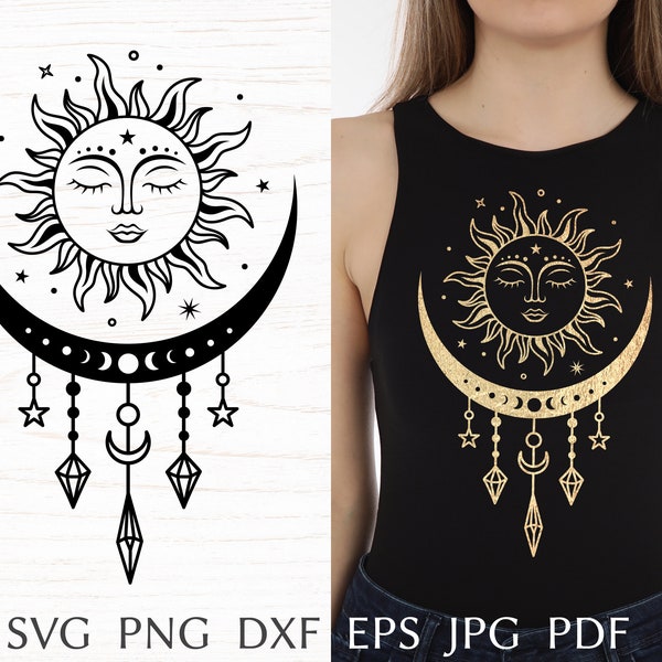 Svg soleil et lune, dessins svg céleste, boho svg coupe fichier pour cricut, impression mystique pour chemise, witchy magic lune silhouette png clipart