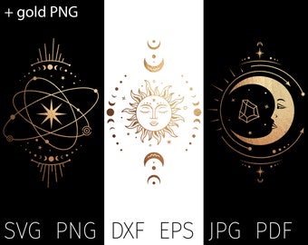 May include: Three gold celestial designs on black and white backgrounds. The first design features a star in a circle with planets orbiting around it. The second design features a sun with a face. The third design features a crescent moon with a face and a diamond.