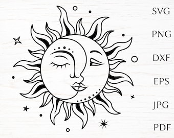 May include: Black and white line art illustration of a sun and moon with faces. The sun has closed eyes and the moon has one eye open. The sun has rays around it.