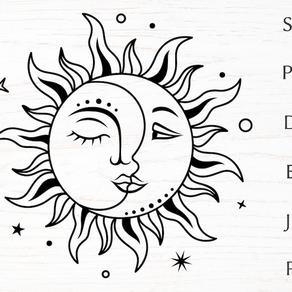 sun and moon svg, boho svg, celestial svg designs with crescent moon , mystical print for shirt, magic moon svg silhouette png, dxf, clipart