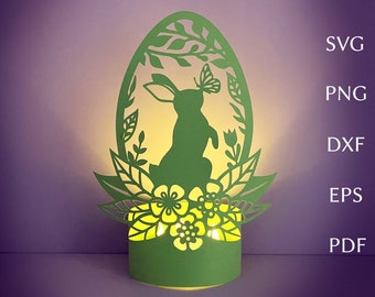 3D Osterlaterne svg vorlage, geschichtete Papierlaterne mit Osterhase, Eiern und Blume, Frühlingsteelichtlaterne, Feiertagsdekor