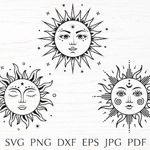 Archivo de corte de diseño de sol, svg boho, svg celestial, archivos de corte para cricut, estampado místico para camisa, silueta svg mágica png dxf, clipart de sol tribal eps