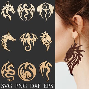 Dragon earring svg-bestand voor cricut, bundel kunstleer oorbellen, lasergesneden sjabloon voor oorbellen van messing of hout, DIY-sieraden svg, dxf, png