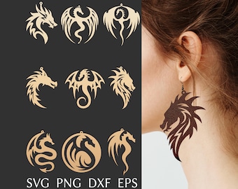 Dragon earring svg file for cricut, faux leather earrings bundle, laser cut template for brass or wood earrings, DIY jewelry svg, dxf, png