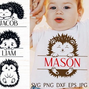 Monograma de bebé dividido svg, lindo archivo de corte svg de erizo para cricut, nombre de bebé niño svg, cara de animal del bosque que mira, clipart png.