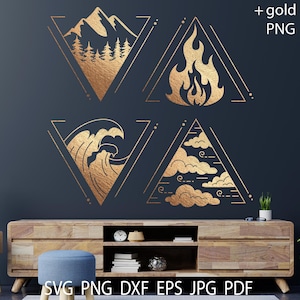 Pacchetto svg dei Quattro Elementi, stampa png dei Simboli dei Quattro Elementi boho, file di taglio svg del Segno d'Acqua, file di taglio svg della Terra, file di taglio svg dell'Aria, file di taglio svg del Fuoco per Cricut, clipart dorata.