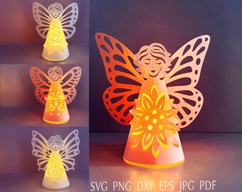 Fairy lantern svg template, angel butterfly paper 3d lamp, summer tealight lantern svg cut file for cricut.