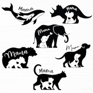 ママと赤ちゃんの動物の svg カット ファイル (cricut 用)、ママの svg バンドル、母の日またはベビー シャワーの svg デザイン、母性の png クリップアート