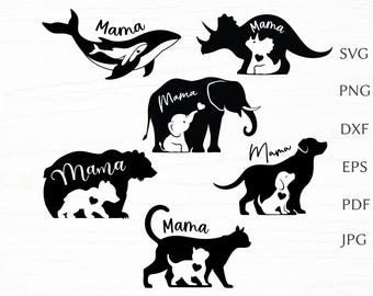 May include: Black and white animal silhouette designs with the word "Mama" above each. Designs include a whale with a calf, a triceratops with a baby dinosaur, an elephant with a baby elephant, a bear with a cub, a dog with a puppy, and a cat with a kitten.