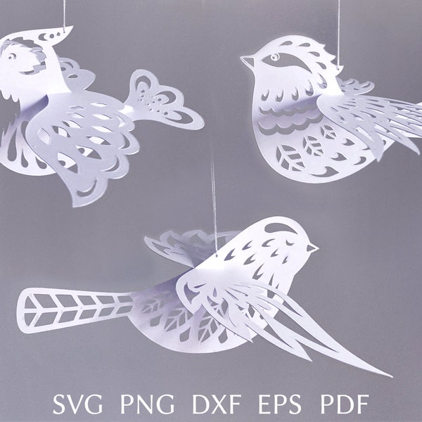 Pacchetto SVG di uccelli 3D a strati, modello di uccello di carta, file di taglio SVG di decorazioni fai da te per cricut, stencil di uccelli per ornamento primaverile.