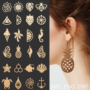 Archivo svg de aretes de verano para cricut, paquete svg de aretes de cuero sintético de verano, aretes de playa, plantilla de corte láser, joyería de bricolaje svg, dxf, png