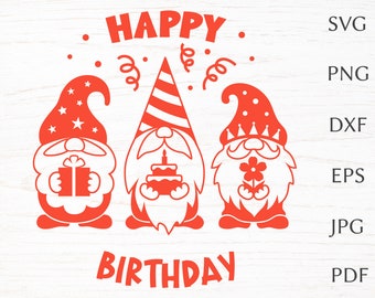 Birthday gnomes svg, happy birthday svg, birthday party svg cut file for cricut, holiday gnome silhouettes, birthday card png, eps, clipart