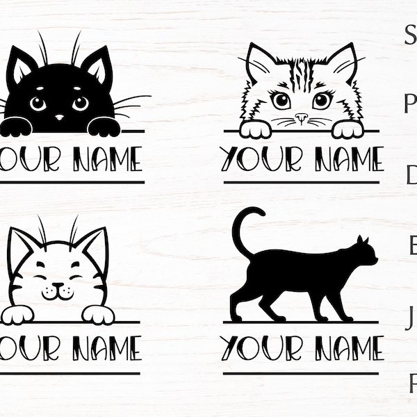Cat split monogram svg, cat sign svg cut file for cricut, peeking cat face, cat name svg, png, dxf