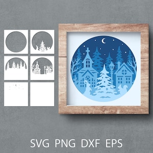 Archivo de corte SVG de caja de sombra navideña, plantilla SVG de corte de papel 3D, caja de sombra en capas con escena navideña en bosque invernal y pueblo navideño.