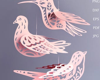 3D birds template svg bundle, DIY paper decor, spring ornament svg cut file for cutting, folk styl.
