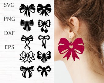 Bow earrings svg cut file for cricut, coquette faux leather earrings bundle, laser cut template for brass or wood earrings, DIY jewelry.