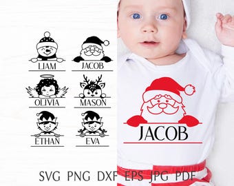 Christmas monogram svg, baby christmas name svg, funny kids christmas, split monogram with santa, elf, angel, reindeer smowman, png clipart