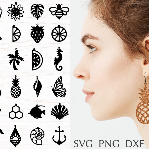 Summer earring svg file for cricut, summer faux leather earring svg bundle, beach earrings, laser cut template, DIY jewelry svg, dxf, png