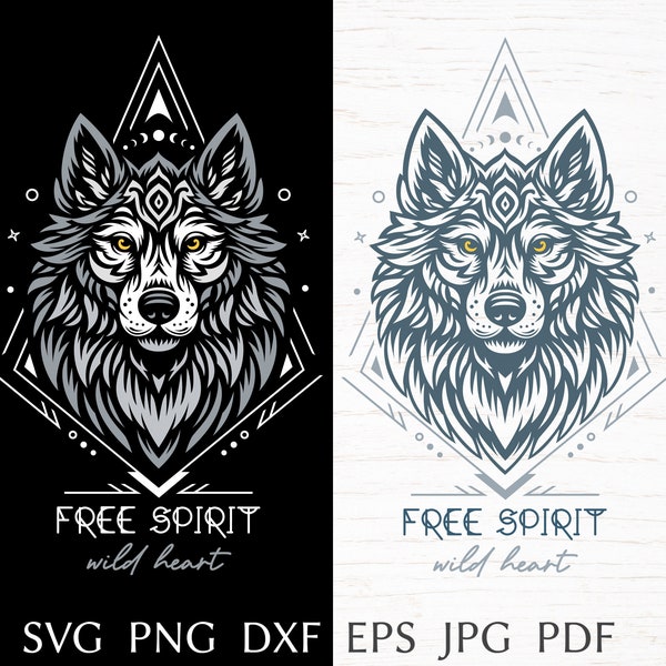 Wolf head svg, totem spirit animal with quote: "free spirit, wild heart", print for shirt svg, png, tribal native american design.