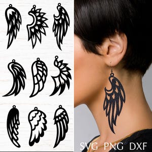 Vleugel oorbellen svg-bestand voor cricut, bundel kunstleer oorbellen, lasergesneden sjabloon voor oorbellen van messing of hout, doe-het-sieraden svg, dxf, png