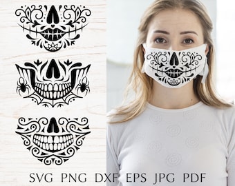 Halloween face mask svg files for cricut, medical mask template with sugar skull, svg cut files.