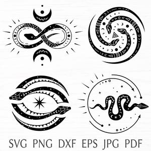 Pacote svg de cobras místicas, clipart esotérico de silhueta de cobra boho, arquivo de corte svg de serpente sagrada para cricut.