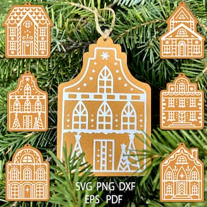 Weihnachten Lebkuchen Ornament Bundle, 3D Lebkuchenhaus Vorlage, Papierhaus svg Design für Baumhänger.