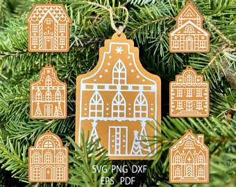 Christmas Gingerbread ornament svg bundle, 3d Gingerbread house template, paper house svg design for tree hangers.