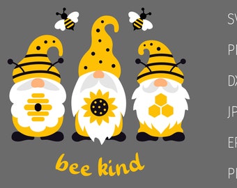 Gnome SVG, Bee kind svg, Bee Gnome with sunflower, honey comb & quote, Bumble Bee SVG design, funny print for summer shirt, png clipart