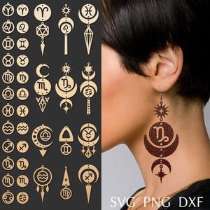 Archivo svg de aretes del zodiaco para cricut, paquete de aretes de piel sintética, plantilla cortada con láser para aretes de latón o madera, joyería de bricolaje svg, dxf, png