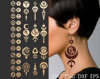 Sternzeichen Ohrring SVG-Datei für Cricut, Kunstleder Ohrringe bündeln, Laserschnitt Vorlage für Messing oder Holz Ohrringe, DIY Schmuck svg, dxf, png