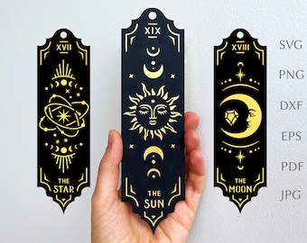 Tarot bookmark svg template, sun moon star paper bookmark for book lover, digital cut file for cricut projects, layered DIY craft bookmark