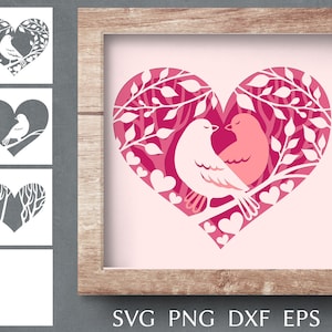 Arquivo de corte svg de caixa de sombra de dia dos namorados, modelo svg de corte de papel 3D, caixa de sombra em camadas com dois pássaros, corte de papel de coração de amor svg.