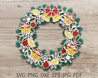 Christmas Wreath svg cut file for cricut, 3D layered Paper Wreath template, Paper christmas decoration.