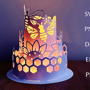Plantilla svg de linterna de verano, archivo de corte de papel 3D para Cricut, linterna de papel en capas con abejas, panales y girasoles