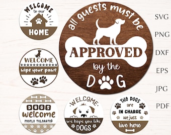 Paquete de svg de perro bienvenido, archivo de corte svg de letrero de bienvenida redondo para cricut, colgador de puerta divertido svg, letrero de puerta svg, clipart png.