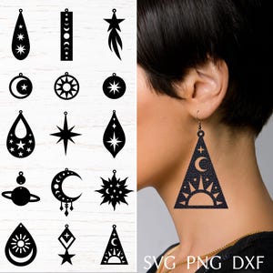 Svg-bestand oorbel voor cricut, sterren zon & maan oorbel bundel, hemelse kunstleer oorbel, lasergesneden sjabloon, DIY sieraden svg, dxf, png
