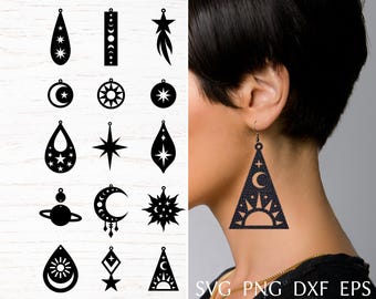 Earring svg file for cricut, stars sun & moon earring bundle, celestial faux leather earring, laser cut template, DIY jewelry svg, dxf, png