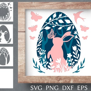 Fichier de coupe svg boîte d'ombre de Pâques pour cricut, boîte d'ombre en couches avec oeuf et lapin de Pâques, modèle svg 3D papercut, png, dxf.