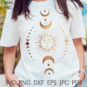 Zon en maan svg, boho svg, hemelse svg ontwerpen met maanfase, mystieke print voor shirt, magische maan svg silhouet png, dxf, clipart