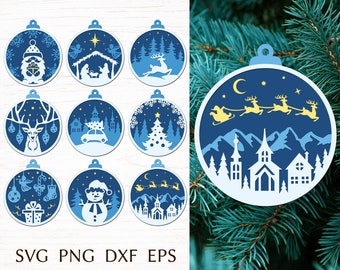 Christmas Ornament laser cut files, 3d layered svg template with christmas scene, christmas round ornament svg bundle
