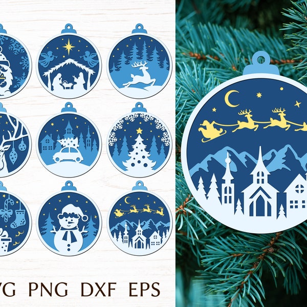 Christmas Ornament laser cut files, 3d layered svg template with christmas scene, christmas round ornament svg bundle